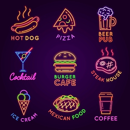 Cafe neon signs. Food and drink glowing light billboards. Burger and pizza restaurant, beer pub, steak house and coffee bar sign vector set. Advertisement for selling ice cream and cocktail