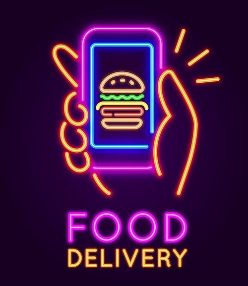 Food delivery neon sign. Glowing banner with hand holding smartphone with burger. Mobile app for online fast food cafe order vector concept. Finger touching screen to buy meal in application