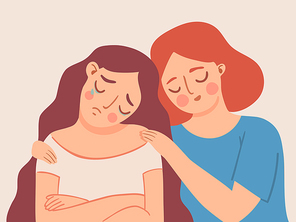 Compassion friend. Woman comfort sad girl. Women empathy talk and friends support. Depression, stress or anxiety therapy help vector concept. Upset crying character, hugging shoulders