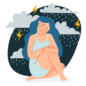 Depressed woman. Sad lonely girl sitting and hugging her knees under rain clouds and storm. Female in depression or anxiety vector concept. Character feeling upset and lonely, in bad mood
