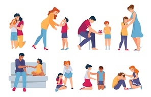 Family support. Parents and friends comforting and hugging crying kids. Adults console sad children. Sympathy for people in grief vector set. Illustration support upset people, character relationship