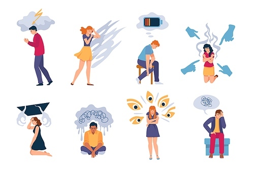 Depressed people. Exhausted lonely sad woman and man with anxiety, depression, mental disorders and stress. Psychology problems vector set. Character with fatigue, sick or depressed illustration