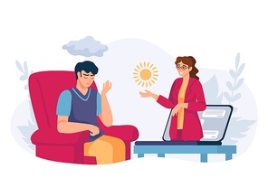 Online psychology help. Virtual psychologist therapy session. Depressed man get mental support therapist by video call, vector concept. Illustration support mental online, psychologist consultation