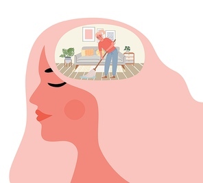 Woman cleanse mind. Mental cleaning in room inside head. Health and wellbeing lifestyle. Self improvement and personal growth vector concept. Illustration woman psychotherapy, human mental intellect