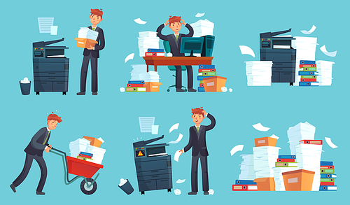 Office documents copier. Printed business papers, businessman broke printer and documents copy machine. Messy paper, paperwork document stack. Cartoon vector isolated icons illustration set