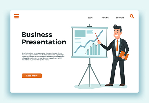 Business presentation. Presenter businessman, growing schedule chart and happy worker landing page. Professional speaker conference seminar motivational training cartoon vector illustration