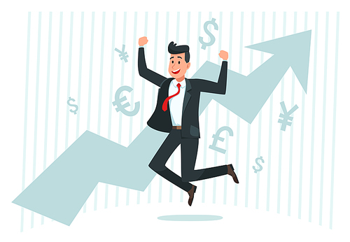 Businessman rejoices in growth. Successful finance business, growing income and arrow chart graph. Leadership champion, success work progress or successful overcoming vector illustration