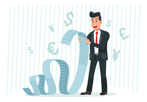 Pay big bill. Businessman holding long bill, shocked by payment amount and paying finance bills. Business banking bills, delayed payment or overdue paying debt invoice form cartoon vector