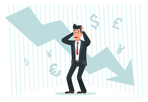 Stressful businessman. Falling profits, down arrow chart graph and bankrupt finance fall. Fearful missed work man, businessman stress or frustration anxious male cartoon vector illustration