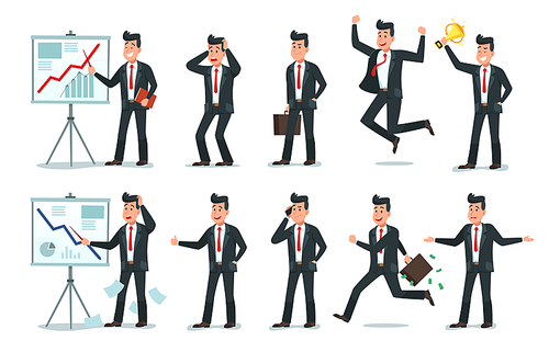 Businessman character. Office employee workers, tired finance worker and business characters. Young professional businessman or leadership worker. Cartoon vector illustration isolated icons set