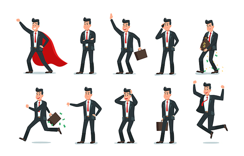 Businessman characters. Man of affairs, office computer work and business worker character. Corporate professional manager, entrepreneur. Cartoon vector illustration isolated icons collection