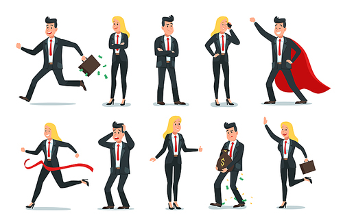 Businessman and businesswoman characters. Office team worker, success business people and employee workers. Nervous or worried executive boss. Cartoon isolated vector illustration icons set