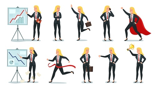 Business woman character. Office professional worker, young female secretary and corporate businesswoman. Company working corporate professionals girls. Cartoon isolated vector icons illustration set