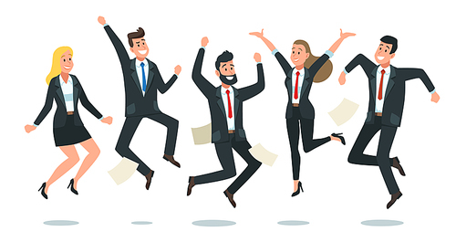 Jumping business team. Office workers jump, happy corporate colleagues jumped together and teamwork fun. Business win celebration, work winning party. isolated vector cartoon illustration