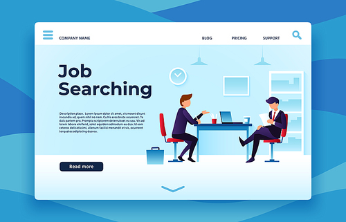 Job searching landing page. We are hiring, interview preparation vector illustration. Job employee, career recruiting, staff resource web landing banner