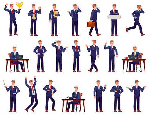 Businessman. Manager busy workplace, shows presentation, works on pc, goes and speaks on phone, success career cartoon vector characters. Office worker with different emotions, angry, happy, with idea