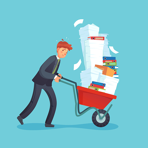 Paper work cart. Overworked office worker, exhausted businessman carrying documents and pile of papers. Business accounting, carry paper or unhappy desperate stress man cartoon vector illustration