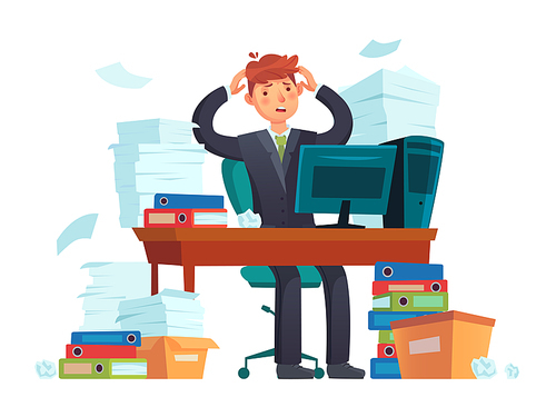 Manager overworked. Office overwork, unorganized paperwork and business work document sheets piles. Overworking job messy, businessman documents accounting stack cartoon illustration