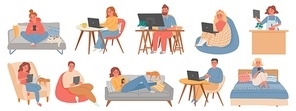 Work from homes. Man and woman freelancers in room interior working in computer or laptop. People in home offices in quarantine vector set. Illustration freelancer sitting at workplace home