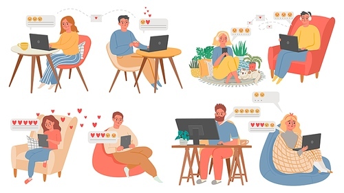 Couples virtual chat. People with computer or phone, online date from home. Celebrate Valentines day in quarantine. Love couple vector set. Communication chat online smile and messaging illustration