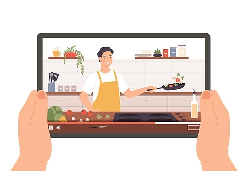 Cooking video. Hands holding tablet with culinary broadcast, show or online lesson. Chef preparing food in kitchen interior vector concept. Man character in apron frying vegetables on pan