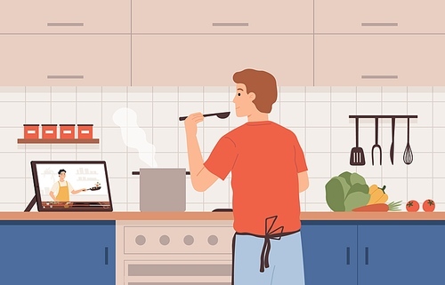 Watch video recipe. Man cooking at kitchen using online chef courses. Preparing food by tutorial, distance learning at home vector concept. Character cooking vegetable with guide on tablet