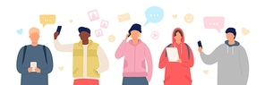 Group of people in smartphone chat. Young men and women use gadgets to communicate. Flat characters chatting in social media vector banner. Girl and boy with tablets and cell phone