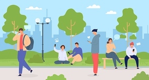 People with phones in city. Men and women in park using gadgets. Crowd in town nature. Characters with mobile technology vector flat concept. Freelancers with smartphones outside on fresh air