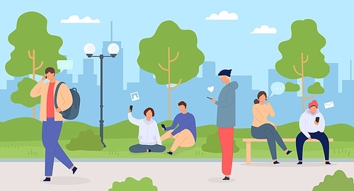 People with phones in city. Men and women in park using gadgets. Crowd in town nature. Characters with mobile technology vector flat concept. Freelancers with smartphones outside on fresh air