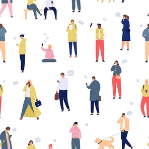 Crowd with phones seamless pattern. Walking people using smartphones and gadgets. Mobile lifestyle and communication cartoon vector concept. Man and woman with devices addiction, online life