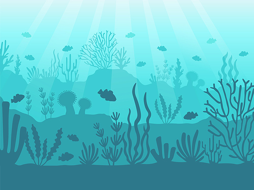 Underwater seascape. Ocean coral reef, deep sea bottom and swimming under water. Marine corals and seaweed algae, aquatic undersea marine ocean life blue cartoon background vector illustration