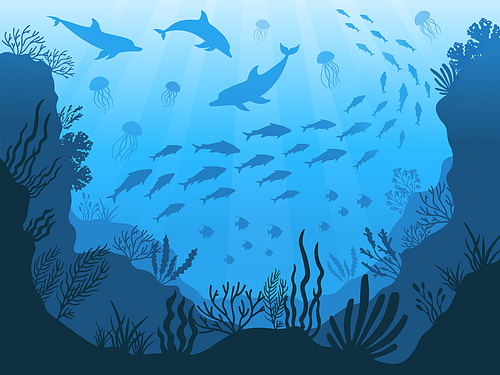 Underwater ocean fauna. Deep sea plants, fishes and animals. Marine seaweed, fish under water and animal silhouette with corals, algae seaweed cartoon vector background illustration