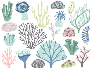 Aquarium corals and seaweed. Marine ocean coral flora, decor underwater seaweeds and different water plants. Algas and corals blossom tropical sea plant elements cartoon vector isolated icons set