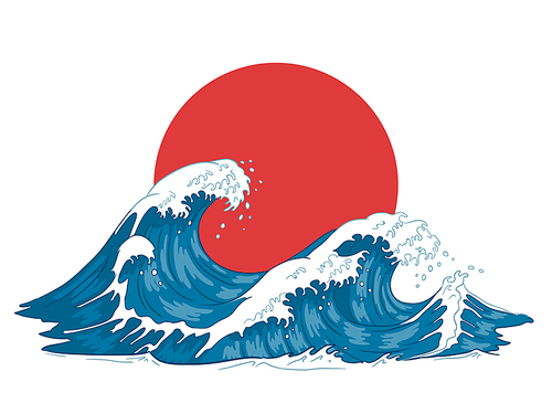 Japanese wave. Japanese big waves, raging ocean and vintage sea water. Japan ocean tsunami wave splash card, hokusai style marine storm splashing engraving vector illustration