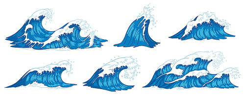 Ocean waves. Raging sea water wave, vintage storm waves and ripples tides hand drawn. Tsunami wave, ocean tide or marine surfing splash. Vector illustration isolated icons set
