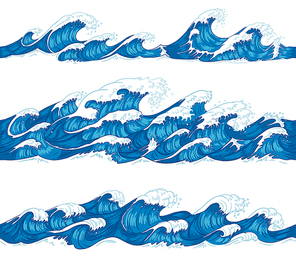 seamless ocean waves. sea surf, decorative  wave and water pattern hand drawn sketch. japanese style waves or japan marine tsunami. nautical isolated vector illustration set