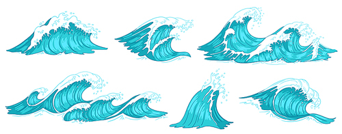 Sea wave. Vintage ocean waves, blue water tide and tidal wave hand drawn. Ocean tsunami, flowing sea surf storm splash or nautical storm motion. Vector illustration isolated sign set