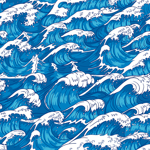 storm waves seamless pattern. raging ocean water, sea wave and vintage japanese storms print. japan style storm drawn, marinene  splash wallpaper. vector illustration background