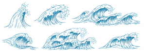 Sea waves sketch. Storm wave, vintage tide and ocean beach storms hand drawn. Surffing japan style waves, river tide or marine wavy stream. Isolated vector illustration icons set