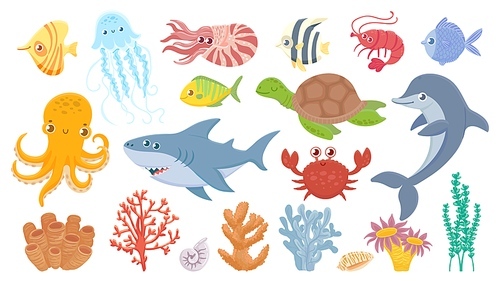 Cartoon sea life. Cute sea fish, aquatic corals, jellyfish and octopus. Funny shark and dolphin. Ocean crab, sea turtle and shrimp vector illustration set. Marine life with creatures seagrass or algae