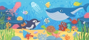 Underwater ocean life. Dolphin, exotic fishes and crab, squid. Bottom seaweeds, sea turtle and marine reef animals. Cartoon vector seascape with reef and sea animal tropical illustration
