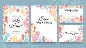 Sea wedding cards. Invitation to summer beach marriage party decorated with ocean seashell, seaweed and coral. Wedding save date vector set. Kindly reply, accept or decline card design