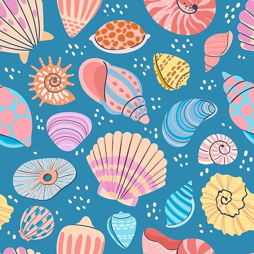Seashell seamless pattern. Summer ocean  with clam shells, oysters, scallops and shellfish. Marine mollusk seashells vector wallpaper. Underwater wildlife on dark blue background