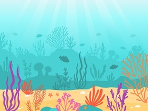 Underwater background. Cartoon seascape with coral reef, sand, seaweed and fish. Ocean bottom scene, deep undersea marine vector landscape. Beautiful aqua wildlife environment with plants
