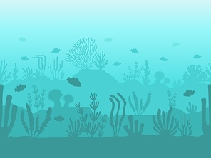 seamless ocean bottom. underwater coral reef silhouette with sea plants, fish and seaweed. flat seascape with undersea life vector . landscape with sand and deep water nature