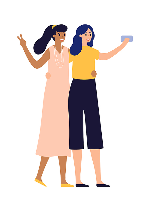 Girlfriends posing for photo on smartphone. Women taking selfie using mobile phone. Beautiful characters in elegant outfit spending time together taking photographs on gadget or device