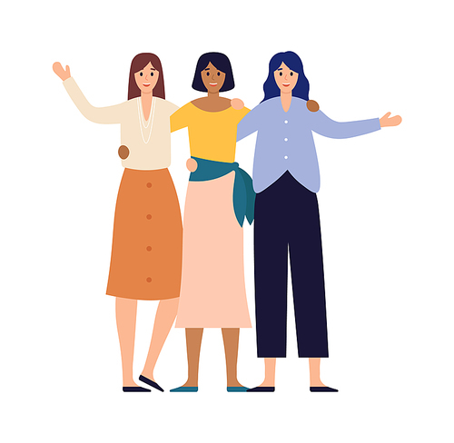 Women friends group portrait. Happy young girls stand together. Smiling teenage female characters or students in casual clothing embracing each other and waving hands vector illustration