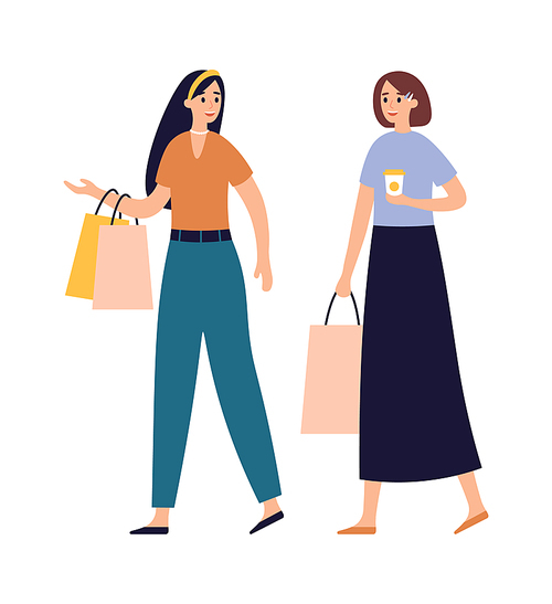 Women friends shopping together. Girls talking and walking with shopping bags and drinking coffee in paper cup. Buying clothes, characters spending leisure time vector illustration