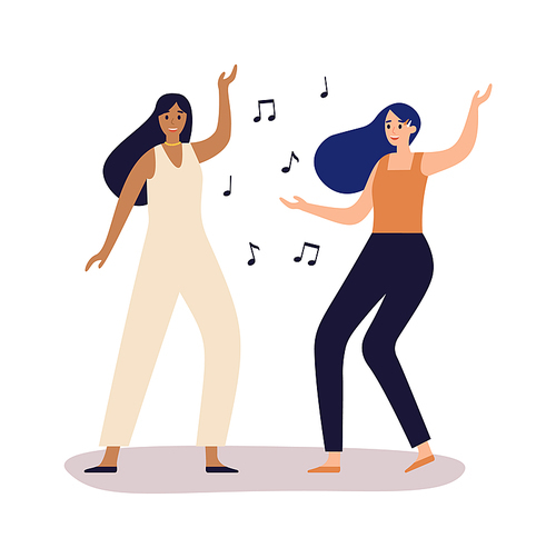 Women friends. Girlfriends dancing together. Female characters in casual clothing spending time with fun, moving to music. Entertainment for girls, flying musical notes vector illustration