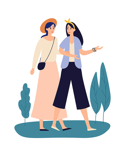 Women friends. Girlfriends walking together and communicating. Beautiful young girls talking and going in park. Female characters spending leisure time wearing casual clothing vector illustration